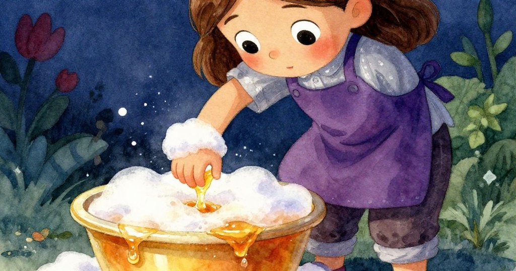 Ivy靠近透明泡沫盆,眼神流露好奇與驚奇,細節清晰展現故事發展中溫柔動作