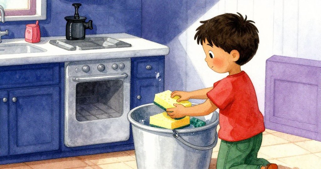 York背影專注整頓海綿,動作穩重有序,背景呈現老式廚房細節,情節漸進展現內部秩序