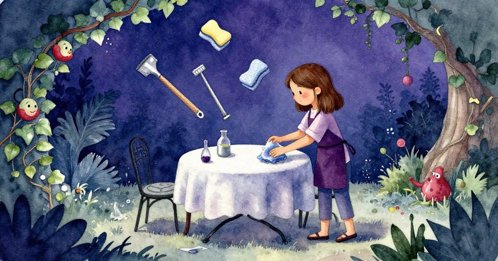 Ivy在突變空間中清理庭院桌,漂浮物件交織奇幻,呈現室內外混合超現實場景故事高潮轉折