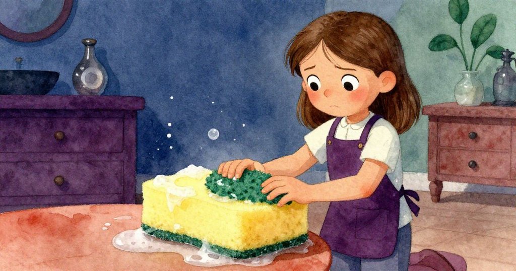 Ivy面露驚訝與糾結,注視鬆脫綠布與黃色海綿,桌面水滴閃光呈現情緒內心轉折