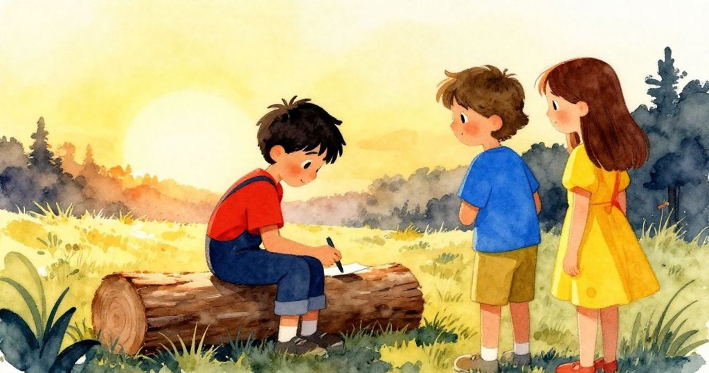 Reese在夕陽下專心記錄方向，Nora與Theo在旁默然觀察，暖光映射出完成探險後的滿足與平靜。