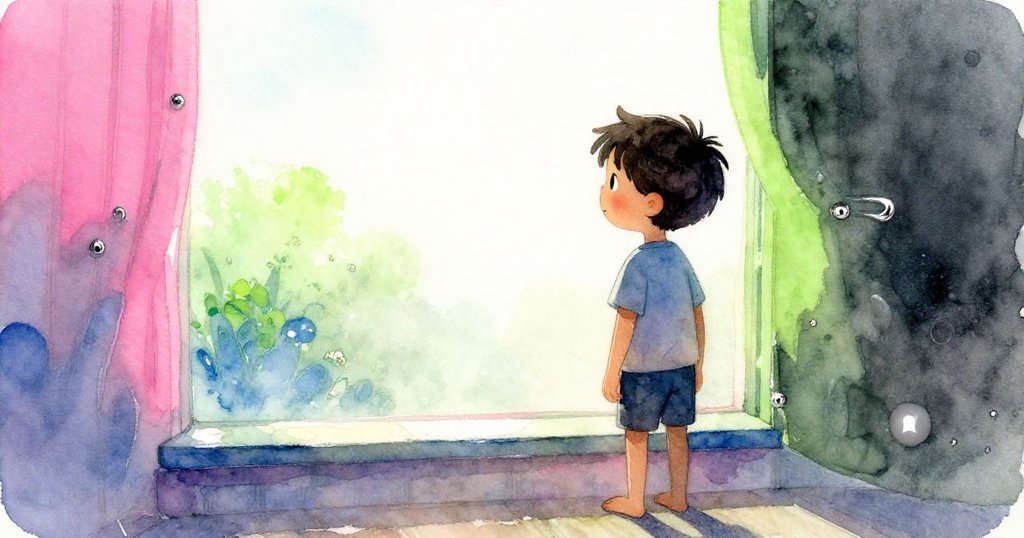 山姆站在充滿晨霧溫暖的房內，輕觸窗台並穩定半滿玻璃杯，臉上流露好奇與期待。