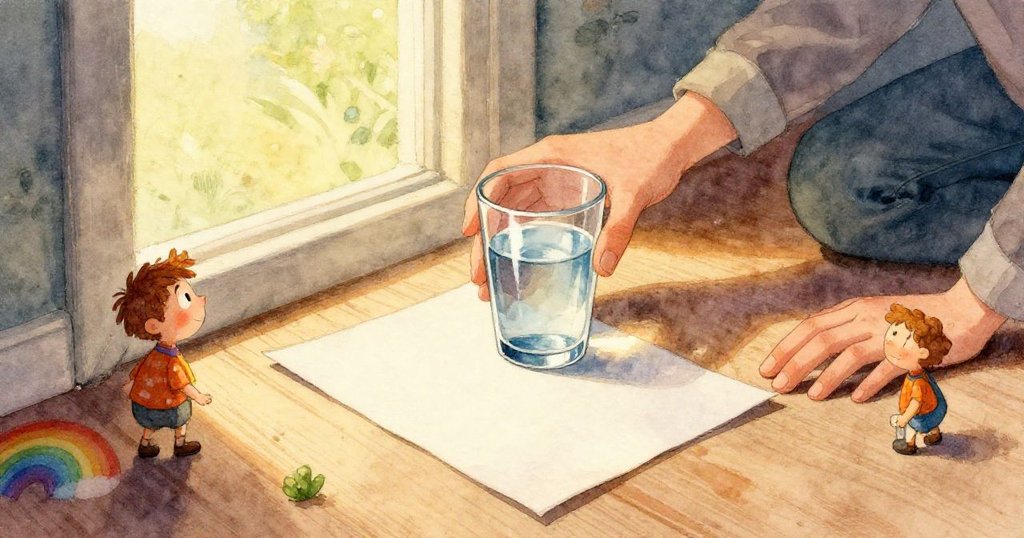 山姆小心將摺疊卡片滑入玻璃杯邊，細膩展現彩虹光譜與窗台質感，畫面充滿專注神情。