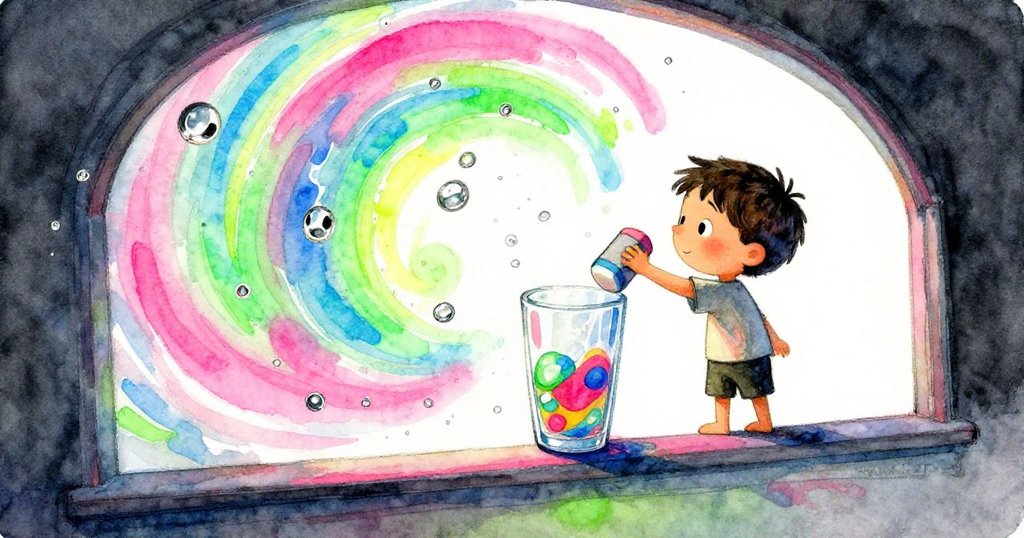 山姆運用橡皮塊輕推玻璃杯，內部水波與氣泡扭曲流動，畫面充滿活力與奇妙變化。