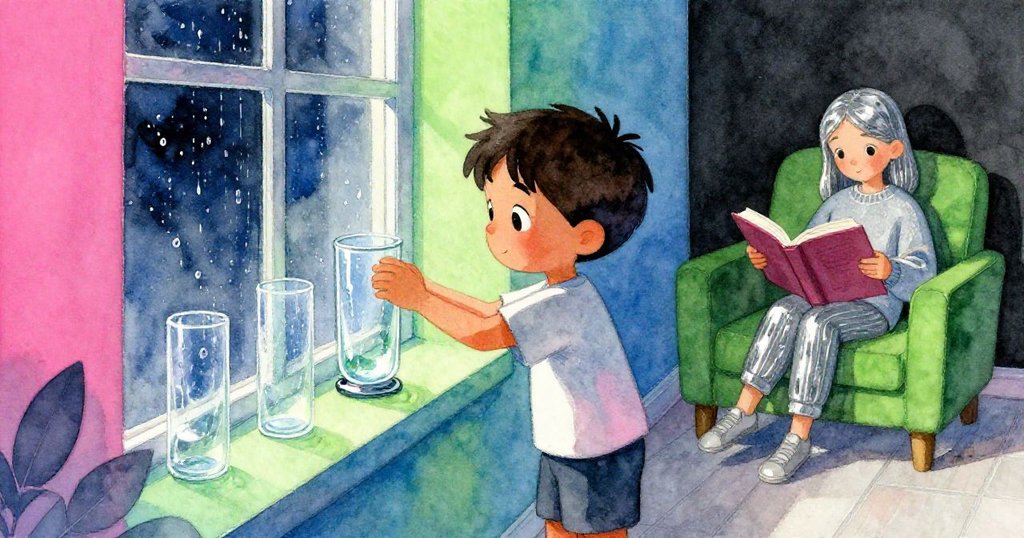 山姆調整玻璃杯擺設，窗台冷凝水緩流，同時澤爾達背景靜讀小說，現室內過渡韻味。