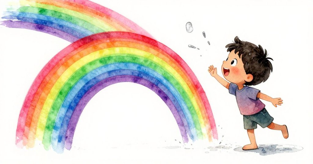 山姆眼眶閃耀驚喜，注視彩虹色澤噴濺於白紙上，畫面生動展現實驗突破瞬間。