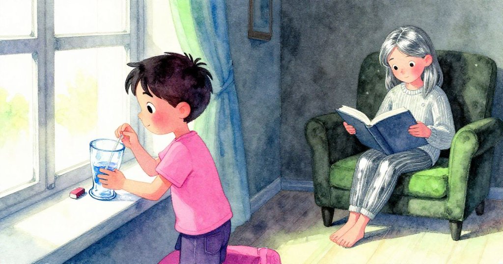 山姆穩固玻璃杯角度，橡皮塊固定裝置；遠處澤爾達靜讀，晨光與霧氣營造溫馨收尾。