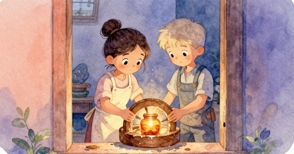 透過微開的門縫觀察，Kira與Troy於工作坊中處理濕潤木輪及發光罐子，情景神秘且細緻