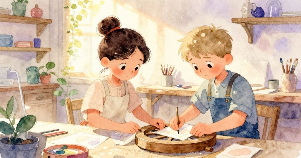 在金色光影中，Kira與Troy於滿載歷史感的工作坊調整工具，陳列架與木輪細緻呈現暖意與季節轉變