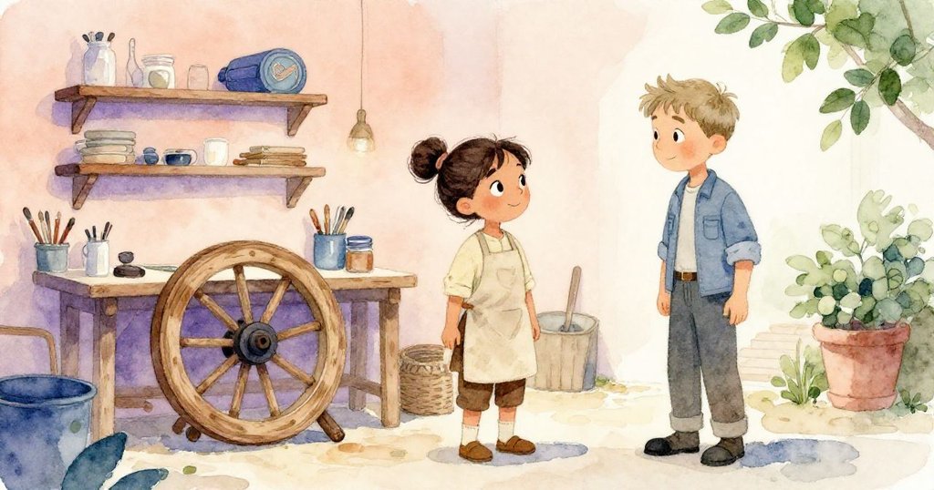 在寧靜工作坊中，Kira與Troy完成修整後互視微笑，背景中修復整齊的書架與乾燥木輪展現滿足感