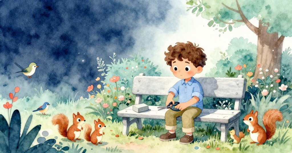 Finn在花園中使用剪刀於石面上工作,旁邊有小鳥和松鼠圍觀,神情專注,環境生動而充滿自然氣息。