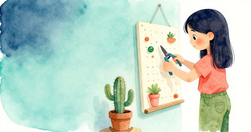 Thea在花園中整理剪枝剪子,旁邊的小仙人掌隨風輕搖,背景空曠,神情專注而溫柔。