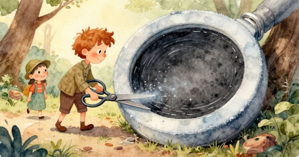 從Finn視角看,一張報紙被風帶走,背景有充滿熱帶香氣的草藥床與碎石,手伸出抓取報紙,神情帶有緊張。