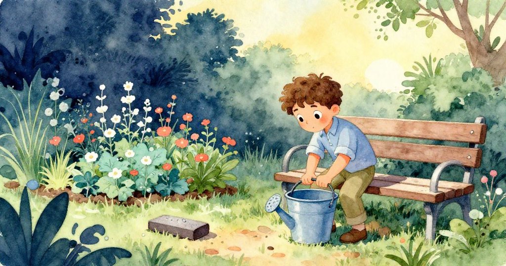 Finn在黃昏溫暖光線下於花園中重新拿水桶,濕潤石面上閃爍著露水,草藥散發辛香,神情專注而平靜。