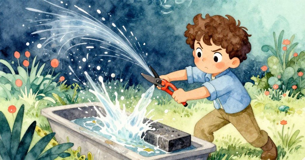 Finn努力從水槽中掛起濺水的剪子,石面濕滑充滿泥濘,背景花園中充滿緊張氣氛,神情專注且焦急。