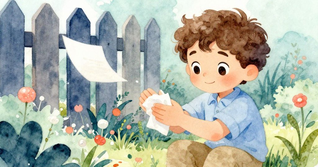 Finn完成工作後擦拭雙手微笑,背景中報紙輕舞於籬笆上,花園氛圍平靜溫馨,神情滿足而從容。