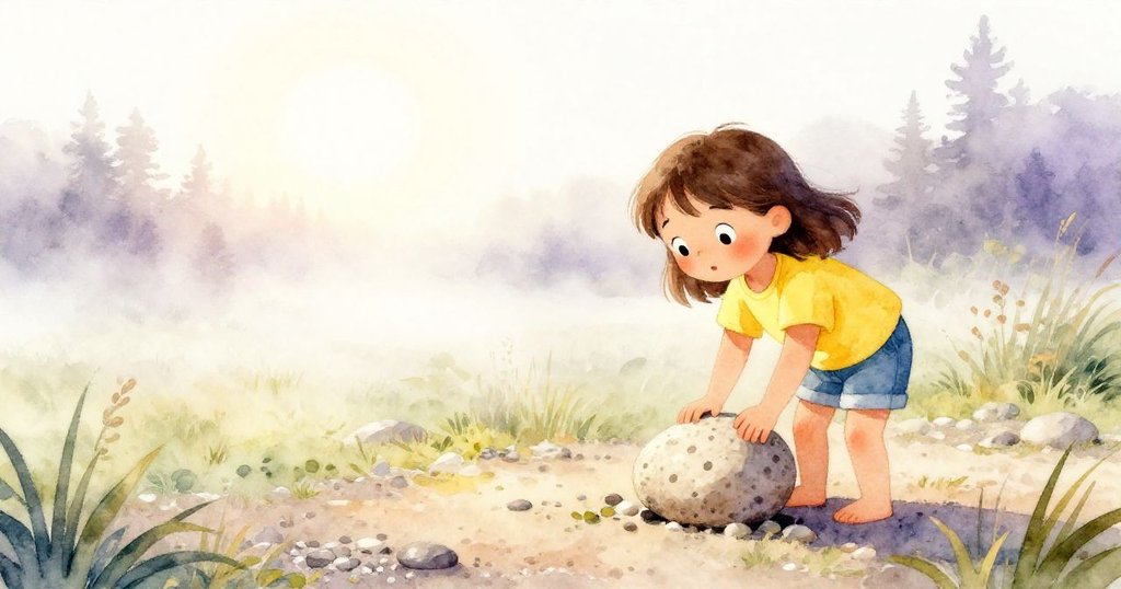 Zara在晨霧中於碎石旁輕觸斑點石板，神情充滿好奇與溫柔，背景散佈碎石與淡霧，充滿早晨溫暖光線。