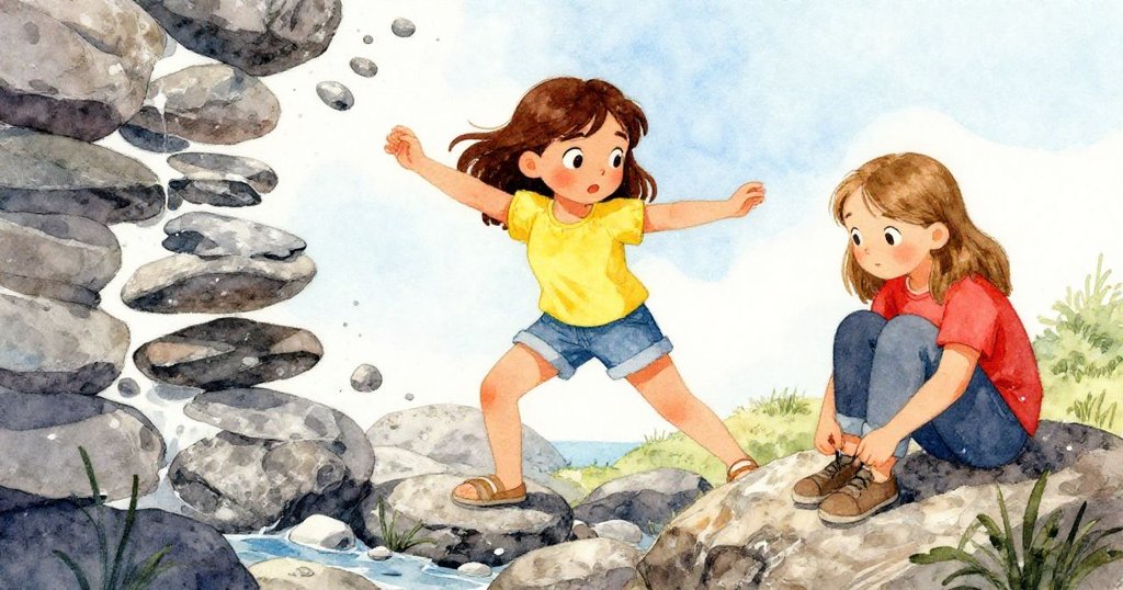 Zara面對石層散落而穩定身形，遠處Vera蹲在岩石上整理鞋帶，動靜對比明顯，展現堅持與細膩瞬間。