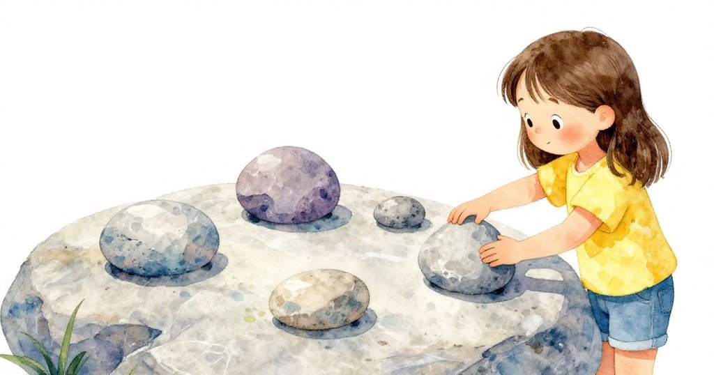 從背後視角看見Zara專注排列並輕敲石塊，手部細節栩栩如生，突顯她對平衡與細節的考量。