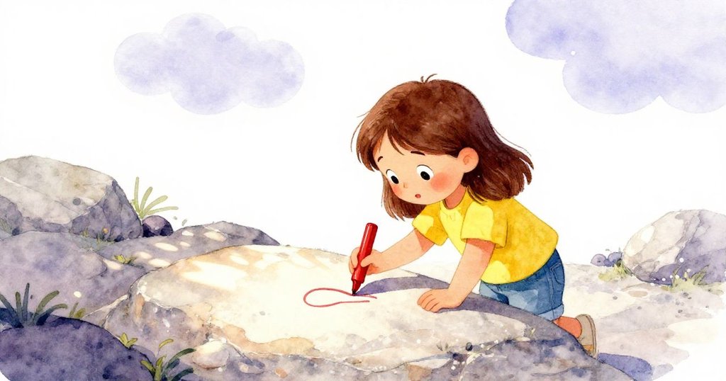 Zara用指尖輕觸石上斑紅記號，感受雲影退散後光線重現，背景呈現光影交織與時光流轉。