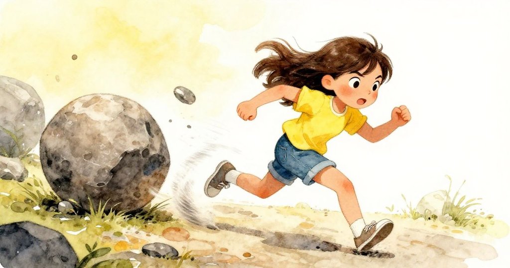 Zara急奔追趕滾動石塊，鞋子擦地飛濺，臉上展現出堅毅與緊張，在石徑上呈現動感與急切追逐。