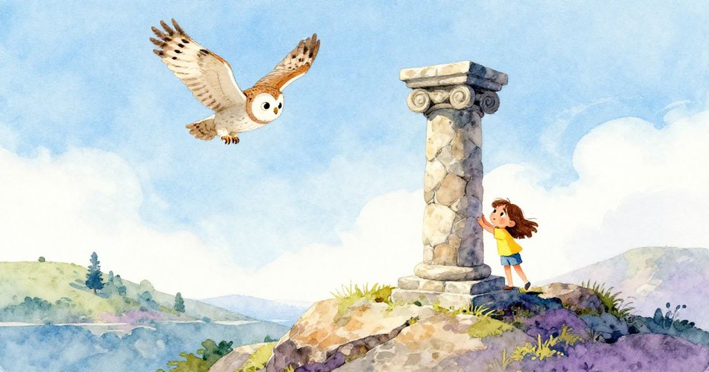 廣角展示完成穩固的石柱與精確對齊的頂石，Zara滿懷欣慰觀望，天空中貓頭鷹優雅掠過，環境寧靜祥和。