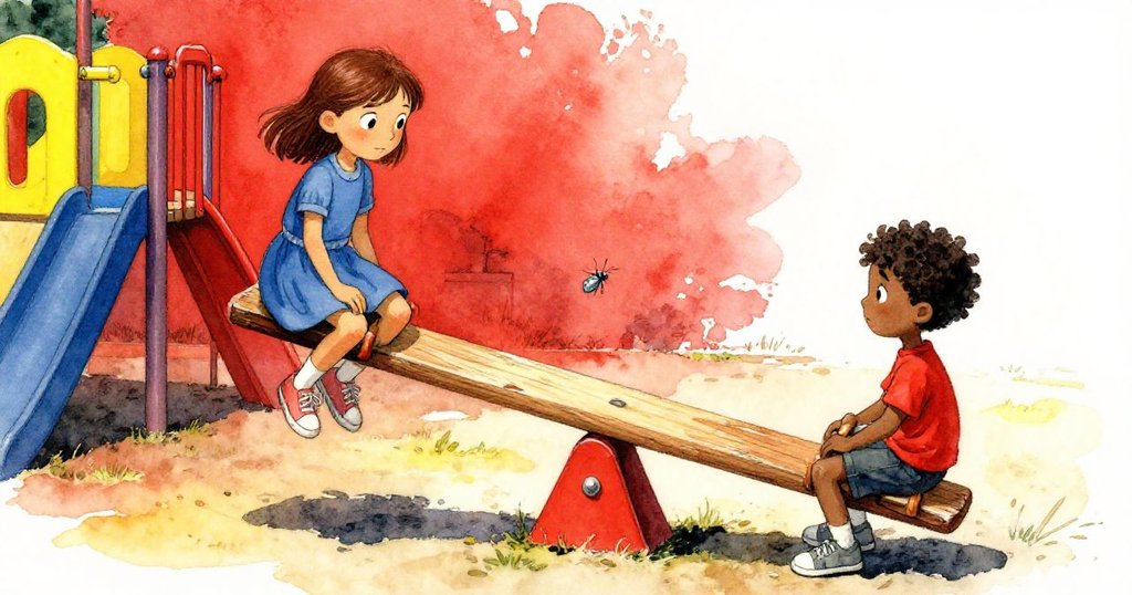 Margot與Griffon在半陽光下的遊樂場中互動，翹板上留有刮痕，昆蟲繞軸轉動，氣氛充滿期待與活力。