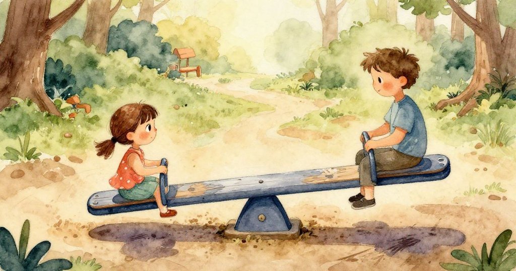 Griffon細看翹板上褪色的藍灰油漆與掌跡，昆蟲閃著銀光細節豐富，氛圍充滿歷史痕跡與探索精神。