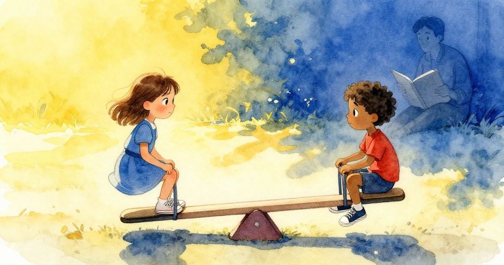 隨著太陽移動，翹板上拉長的陰影彰顯時光流逝，Margot與Griffon靜立等待，氛圍溫馨而舒緩。