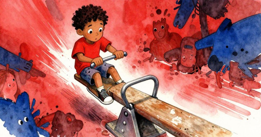 Griffon果斷滑向翹板中心，調整重心動作中散發決心，動態場景中展現精細細節與專注神情。