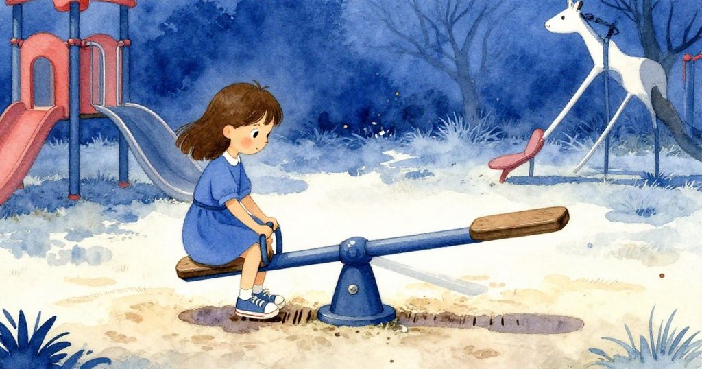 Margot輕壓鞋子於翹板下的劃痕中，恢復平衡的遊樂場呈現午後寧靜，敘說故事終局與溫暖。