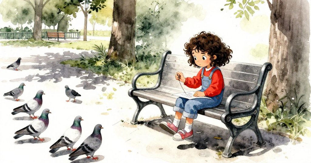 Nell在公園裡用左拇指固定線頭，金色陽光中金屬扶手上線條清晰，鴿子開始聚集，畫面充滿活力。