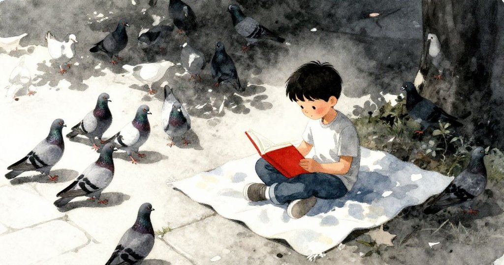 Leander坐在公園毛毯上閱讀，高角度俯視下鴿子在石板上散步，氛圍平靜而富有層次。
