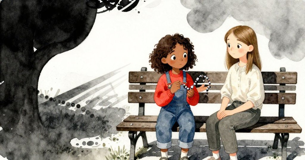 Frida滑向長椅與Nell共享構思，兩人注視彎曲的線帶，空間構成充滿超現實幾何變化，陽光溫暖。