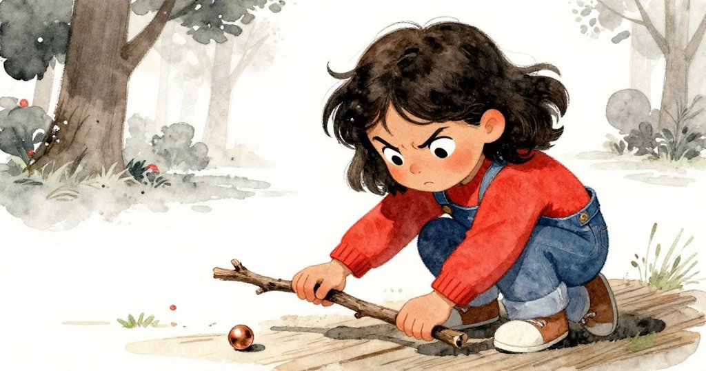 Nell蹲下用小樹枝撥正滾落的銅珠，緊張神情中流露專注與關懷，背景木質表面與深邃陰影襯托情感。