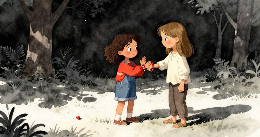 在柔和晚光中，Frida將精緻手環繞在Nell手腕上，完美細節展現創意成果，草中留下一顆閃光銅珠，氛圍寧靜。