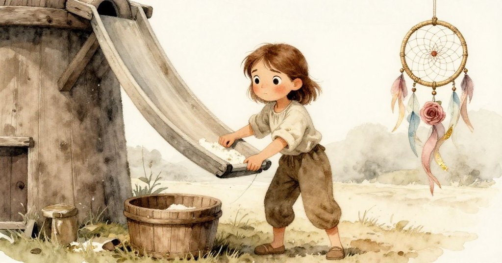 霍莉在老舊磨坊中調整布槽，手上沾滿麵粉，窗外射入微光，夢捕網輕輕搖晃，氛圍寧靜