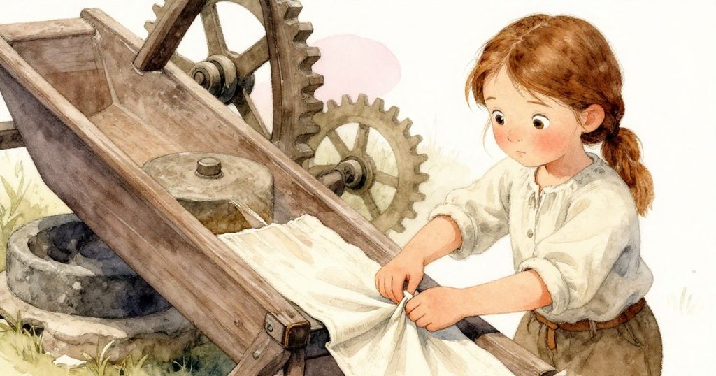 霍莉專注綁上清新亞麻布於古舊布槽，背景隱約見老石臼與轉動齒輪，展現歲月痕跡