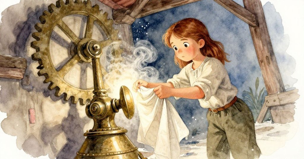 霍莉在旋轉麵粉塵中調整布層，古銅槓桿映出暖光，齒輪陰影交錯，現出動感與緊張氛圍