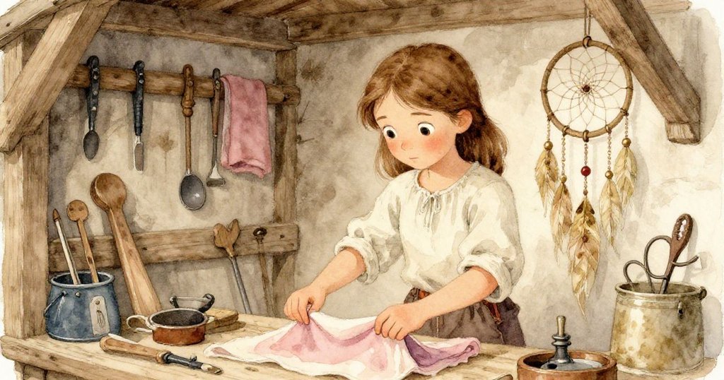 霍莉在磨坊工具角仔細調整布層，身旁陳列著古舊木工具與輕搖夢捕網，神情專注