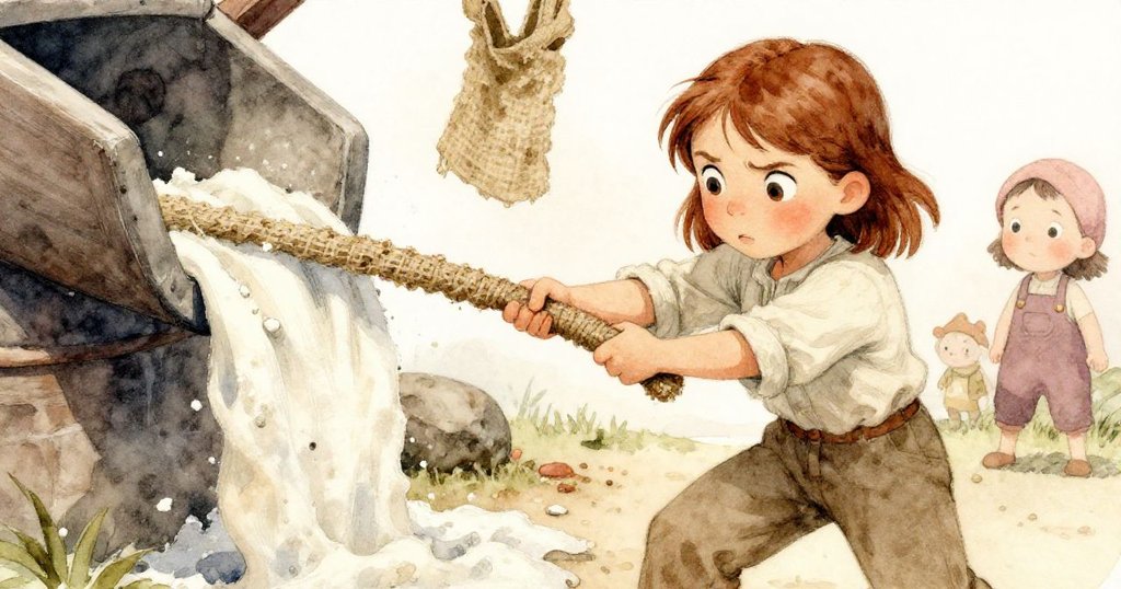 霍莉面露堅定與驚訝，近距離拉扯粗麻布帶，麵粉結塊明顯，背景古銅槓桿散發暖光