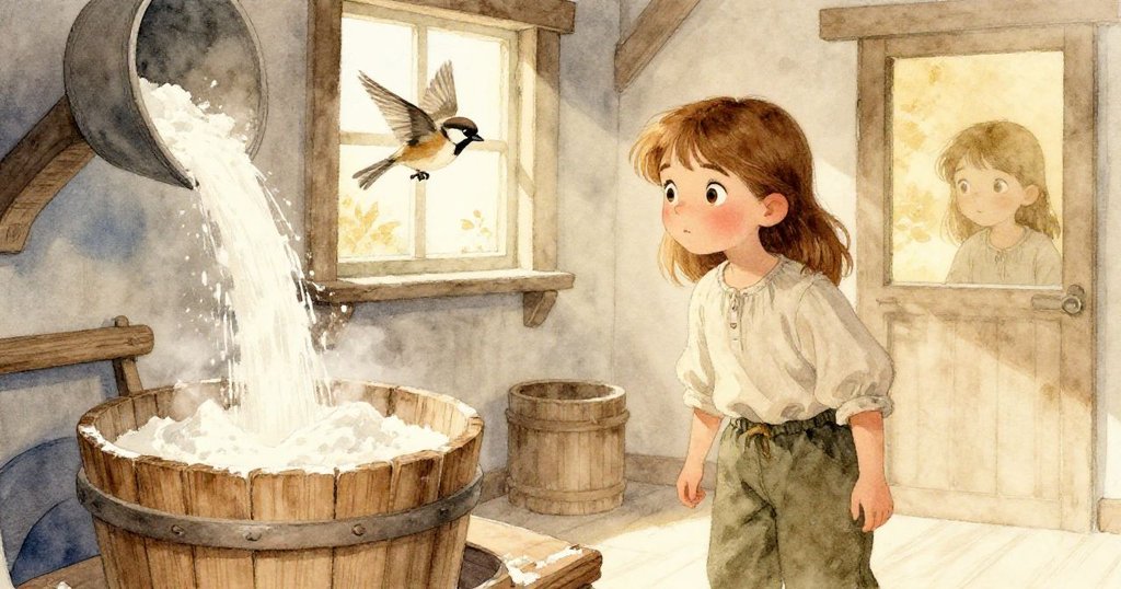 霍莉注視麵粉順暢流入木桶，窗外雀鳥穿越陽光，磨坊恢復寧靜，結束溫暖安心