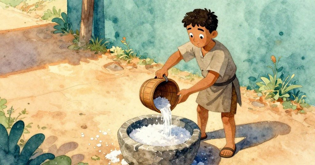 Ira在戶外的工作區倒水在鹽堆上，環境溫暖而平靜，他專注動作展現細節，陽光灑落，情緒平和。