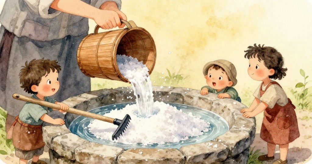 木桶中的水灑落在石盆中的鹽上，清晰呈現鹽晶和水滴細節，表現出微妙的光影與質感。