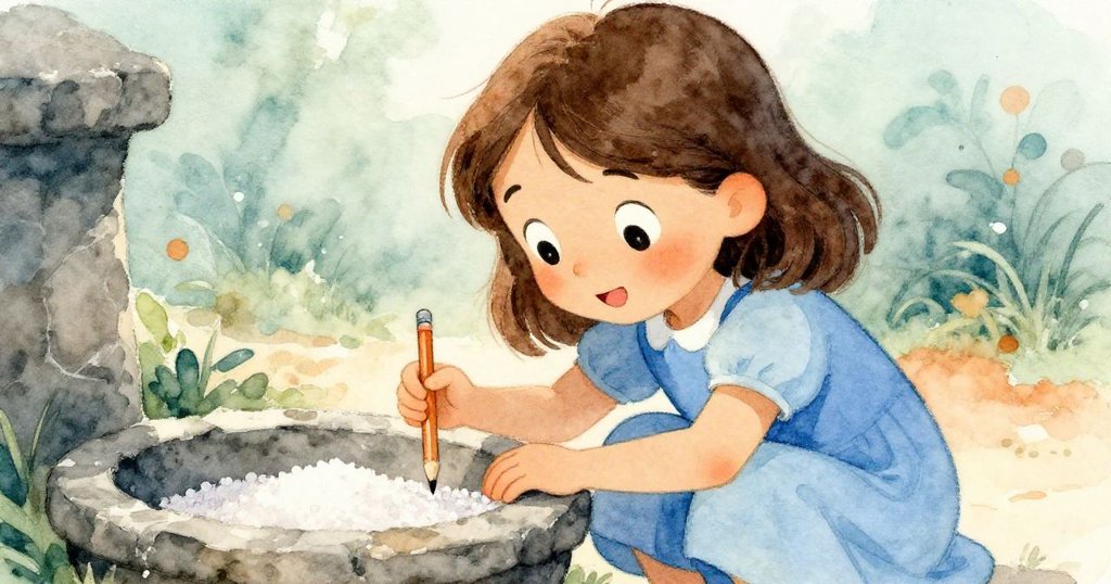 Vivian蹲在石盆邊認真比對鹽粒大小，手持鉛筆，臉上滿是好奇與專注，背景呈現溫暖泥土色。