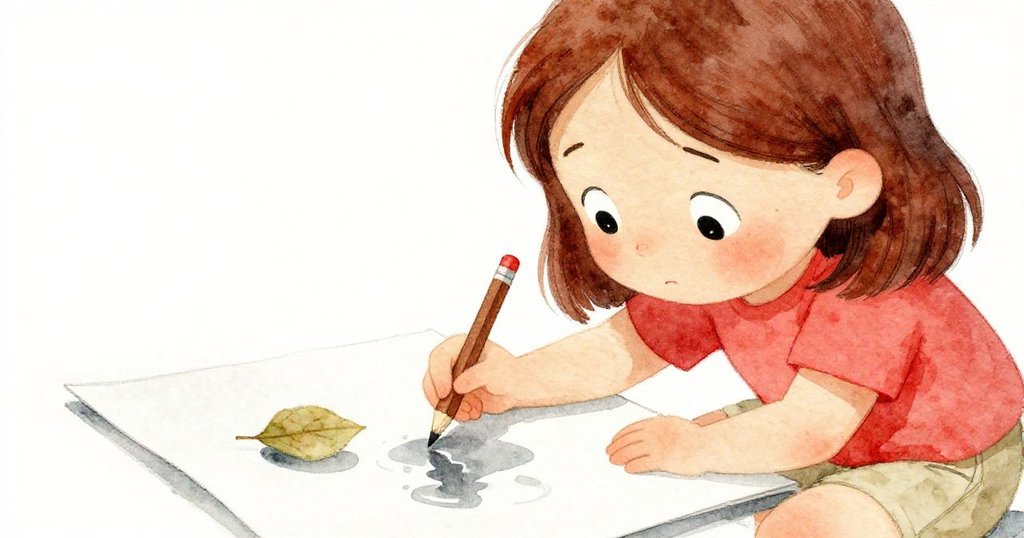 Vivian聚精會神地臨摹水面浮葉，鉛筆輕點紙上，表情中流露出好奇與專注，氛圍溫馨。