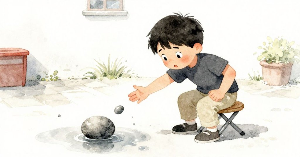 Axel在庭院中伸手攔阻滾動石子，表情堅定，動作輕柔，成功止住水面漣漪，氣氛瞬間平靜。