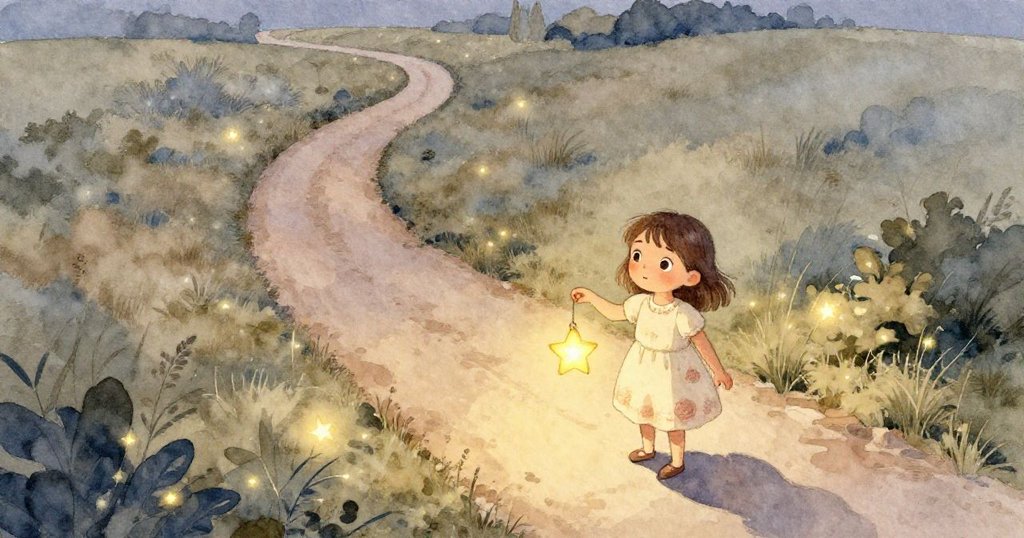 伊莉絲拿著星形燈籠走在蜿蜒小徑上，從鳥瞰角度展示夕陽、LED燈光和大自然背景，充滿期待與奇幻感。