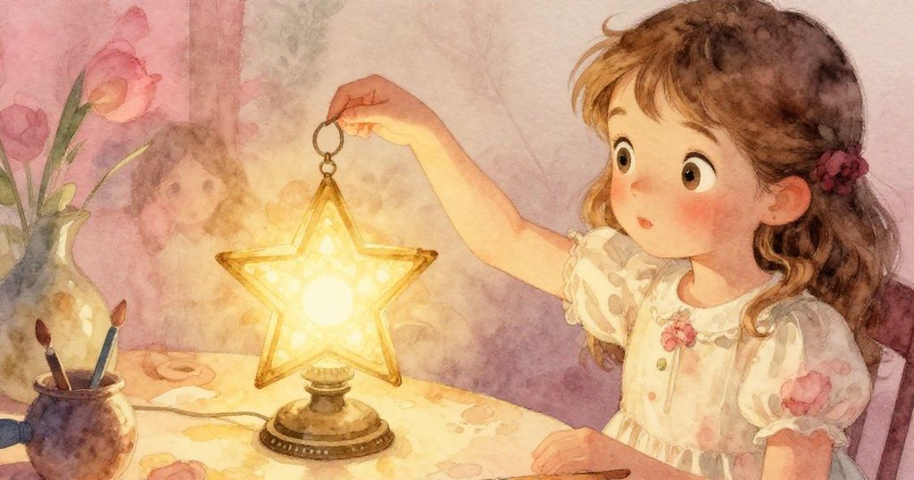 伊莉絲正在仔細檢查她的星形燈籠，手指輕觸彎曲的一角，背景有工藝桌與微弱玉米煙，展現細膩發現。