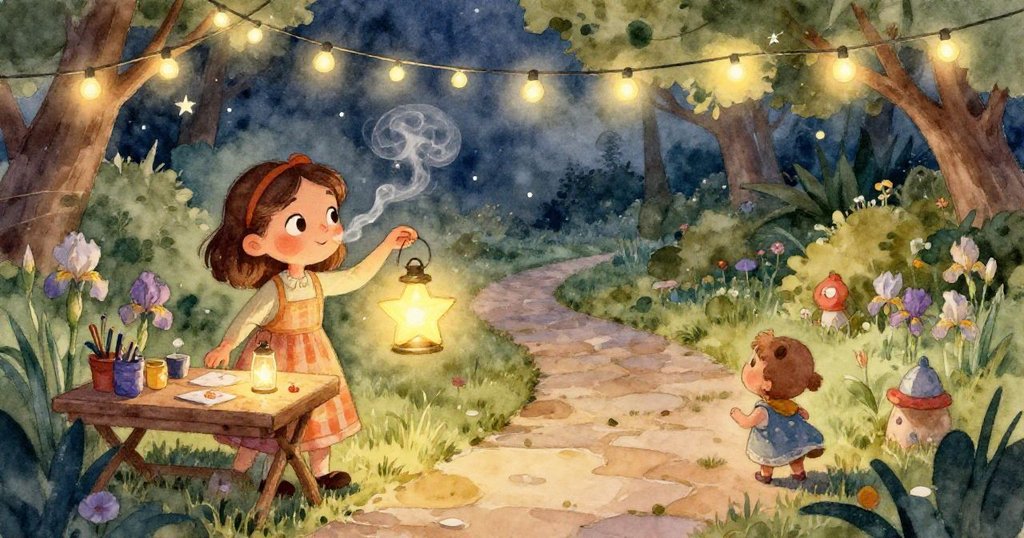 微光中，一隻蛾子輕掠水坑，水面反射著燈光及檸檬水絲線，展現自然與魔幻交織的靜謐瞬間。